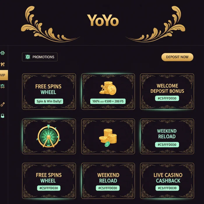 YoYo bonus page — welcome package, wagering requirements and promo code entry